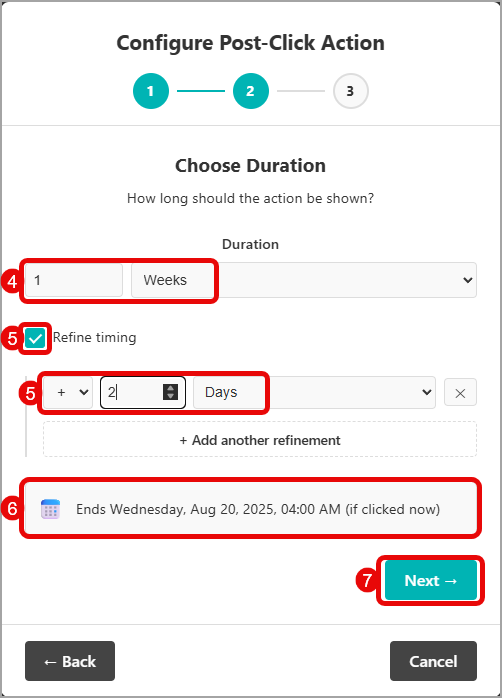 Set the duration for a post-click action