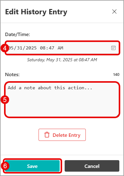 Edit a History Entry steps 4, 5, and 6