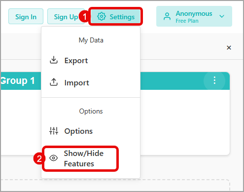 Settings > Show/Hide Features