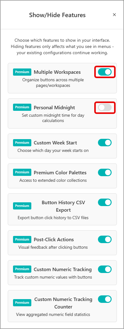 Show/Hide Features Interface