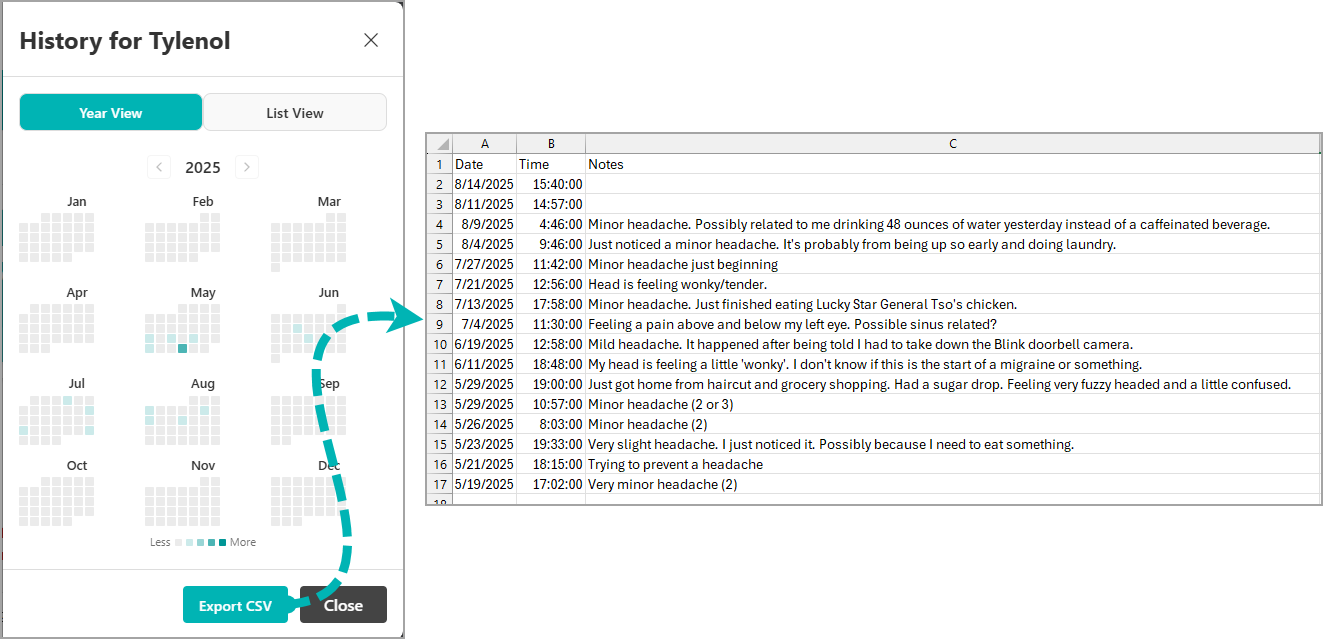 Screenshot of exporting history to CSV file
